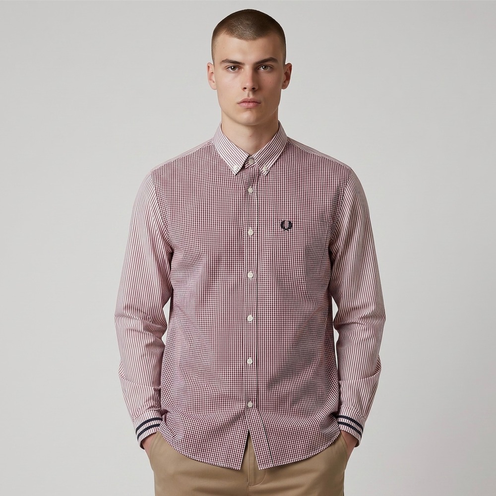 Fred Perry Stripe Gingham Shirt Mens Medium Red Navy New M4270 Mixed Pattern